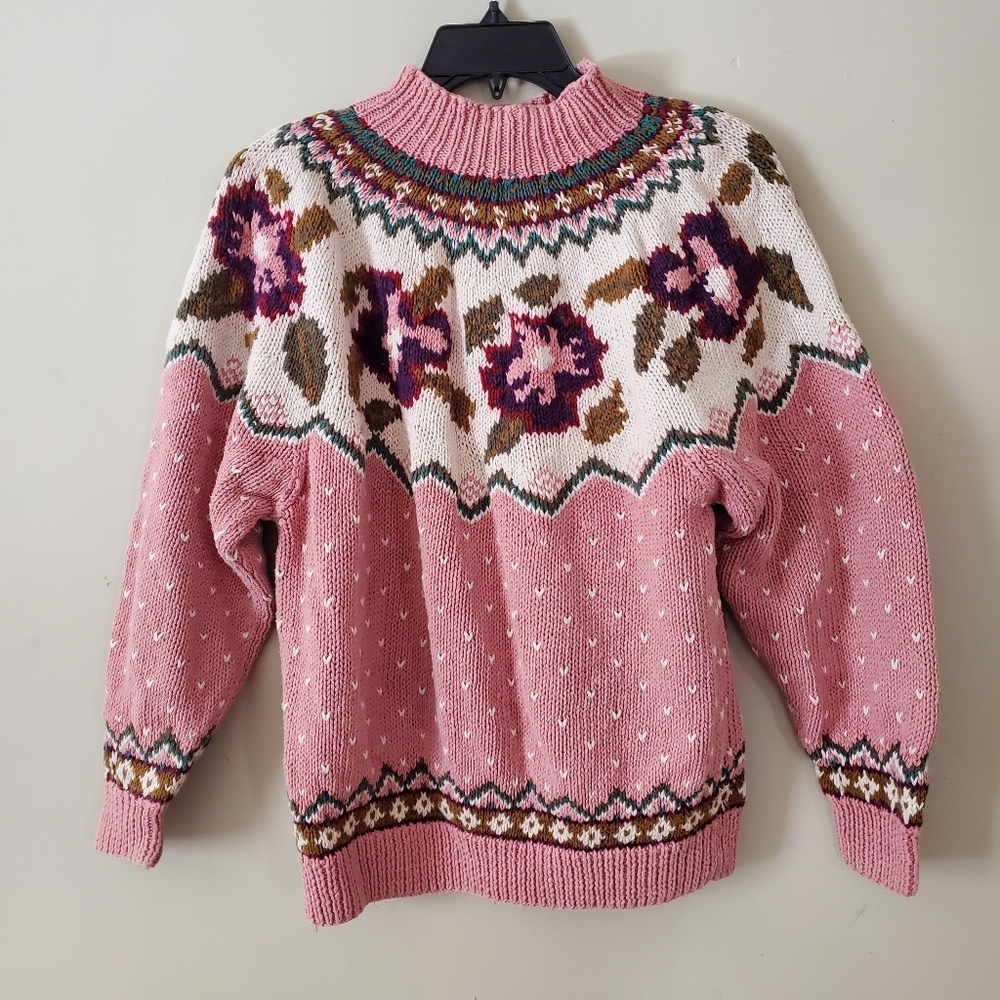Vintage 90s Y2k Handknit Cotton Ramie Rose Intarsia Knit Pullover Pink Size L